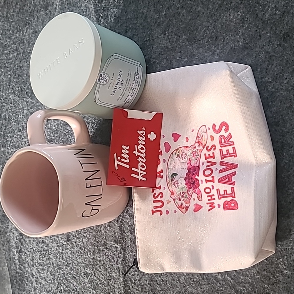 Rae Dunn Mug, Beaver Cosmetic Case, Candle, Tims Card Valentine Bundle.